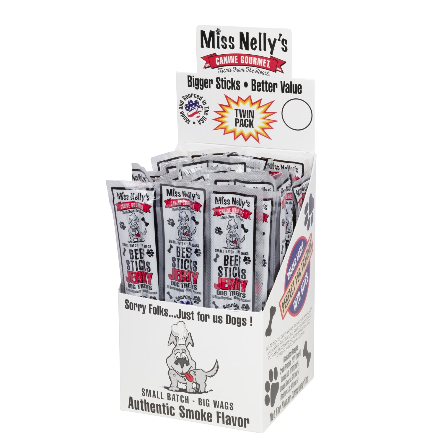 Miss Nelly's Beef Sticks Jerky Dog Treats – 24-Pack (1.27 oz Twin Packs) Questions & Answers