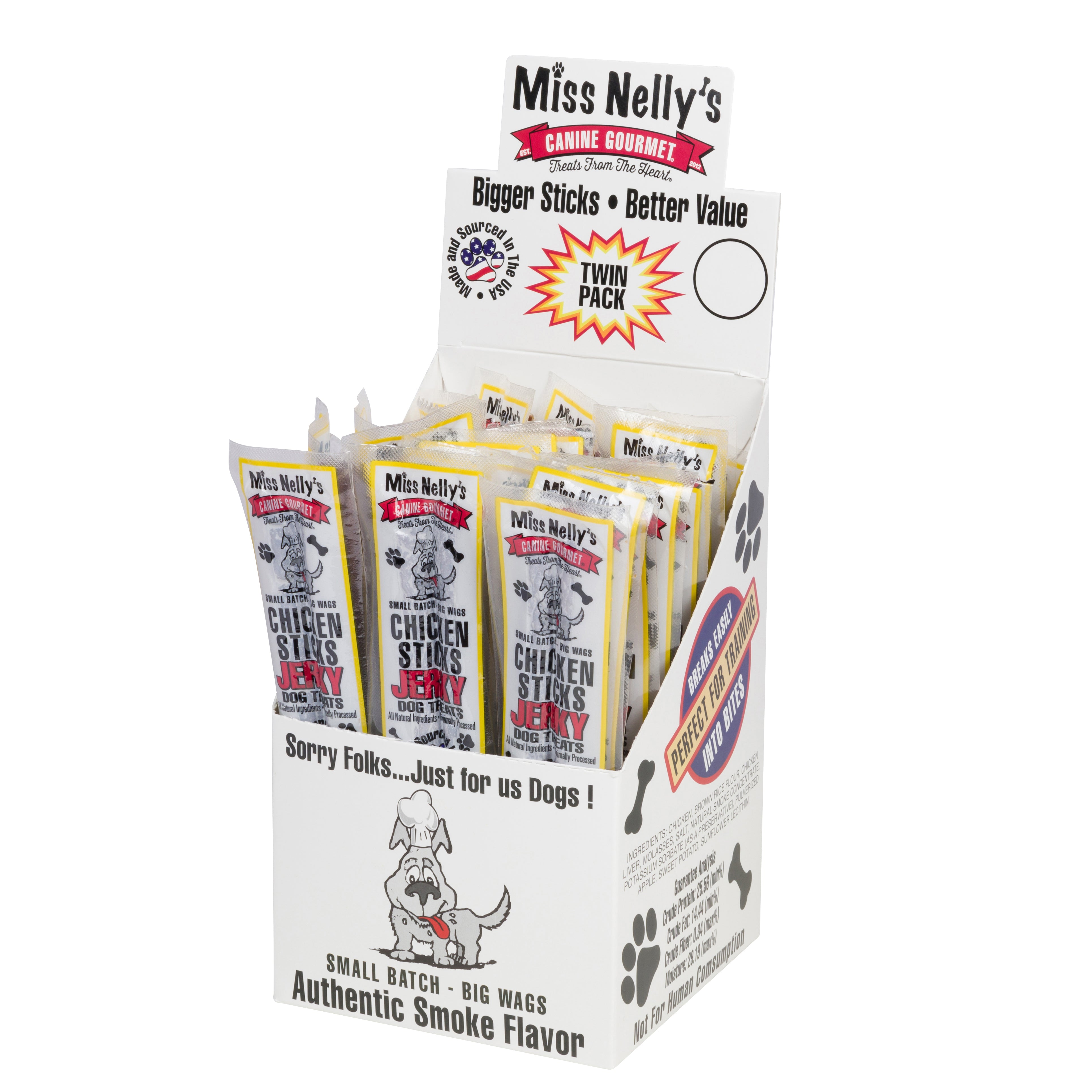 Miss Nelly's Chicken Sticks Jerky Dog Treats – 24-Pack (1.27 oz Twin Packs) Questions & Answers